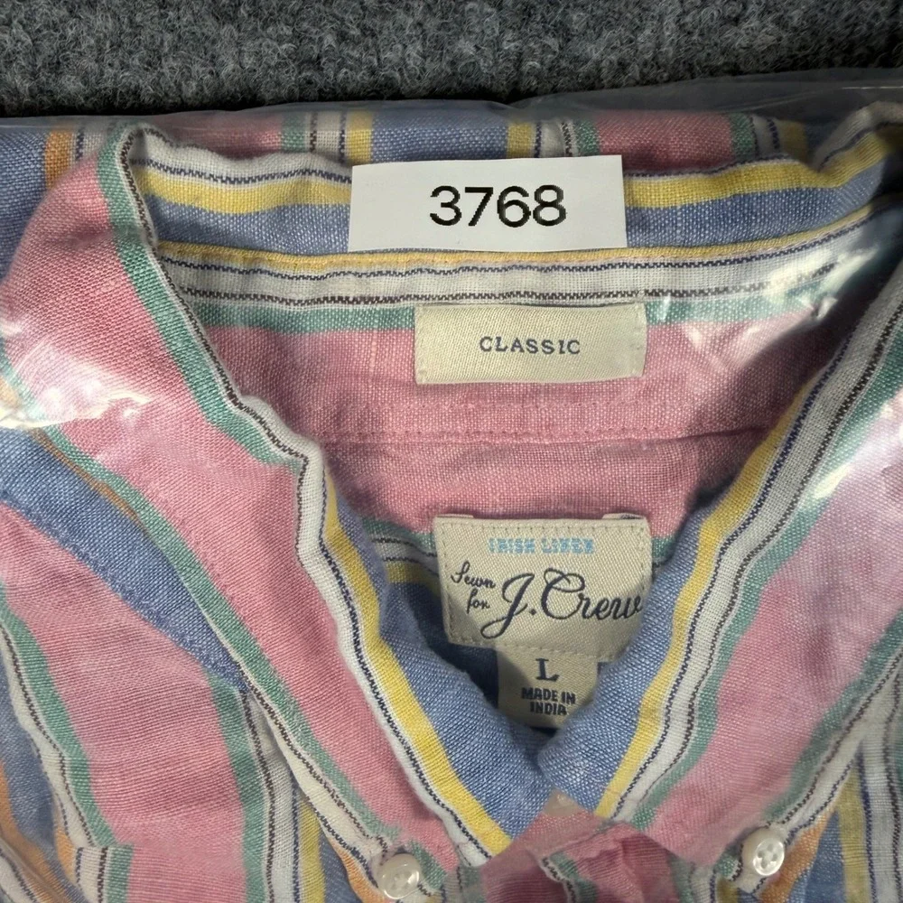 J.Crew Irish Linen Shirt Classic Mens L Pink Blue Stripe 100% Linen EUC